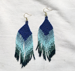 Pendientes Colgantes Shan India Boho con Cuentas de Semillas y Flecos, Chapados en Oro, con Patrón Geométrico Azul Oliva, para Mujer, Fiestas, Bodas, Ropa de Playa - Product Image 3