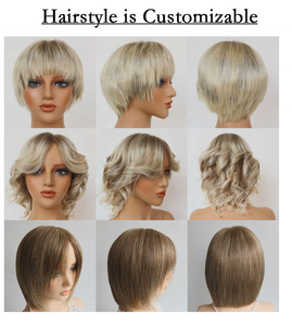 Wig rambut manusia asli FYX005W, bagian atas sutra, bagian belakang tak terlihat, kulit kepala alami, rambut pendek, warna pirang abu-abu dengan highlight, siap kirim, ukuran 4, 6, 8 inci. - Product Image 6