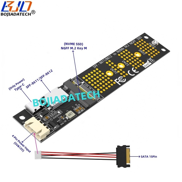 Oculink SFF-8611 SFF-8612 to M.2 NGFF Key-M 2230 2242 2260 2280 M2 NVME SSD Converter Adapter Card + SATA 15PIN Power Cable