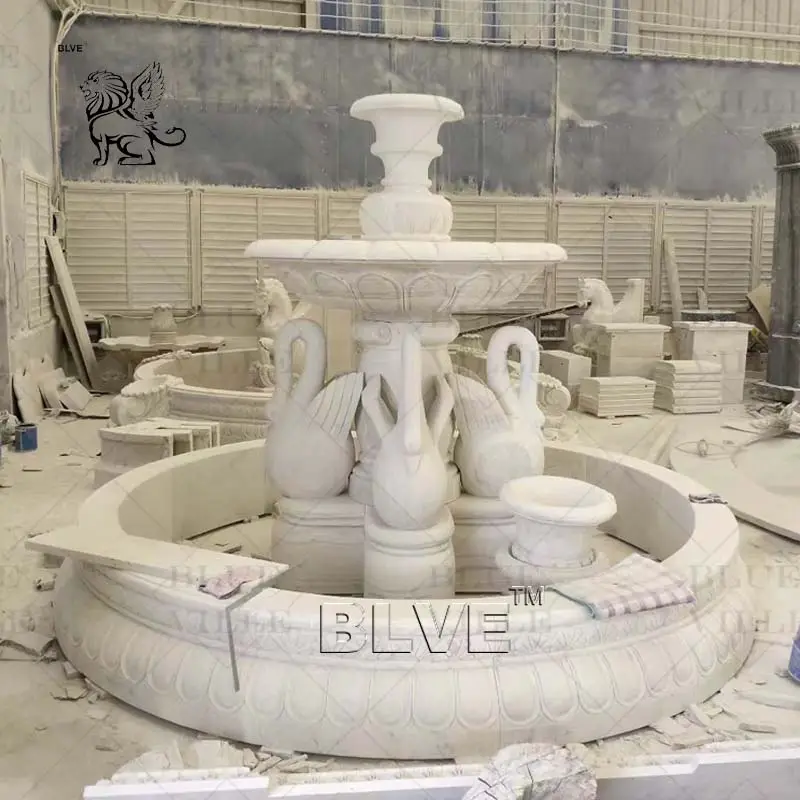 BLVE Fonte de água de jardim de pedra natural esculpida à mão grande e moderna personalizada em marmore branco Cisne Fonte de duas camadas