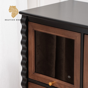 Mobiletto Modulare <span class=keywords><strong>Vintage</strong></span> in Legno con Ante in Vetro e Tessuto, Credenza Bicolore Estensibile, Porta TV per Soggiorno - Product Image 6