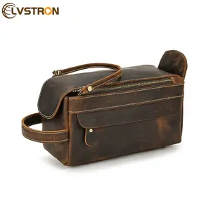 whole sale vintage style genuine leather large-capacity waterproof travel toiletry cowhide leather men makeup bag custom