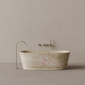 Designer <strong>LIGHT</strong> EMPERADOR Oval Stone <strong>Bathtub</strong> with Intricate Carved Linear Accents and Smooth Surface <strong>for</strong> a Luxurious Bathroom - Product Image 1
