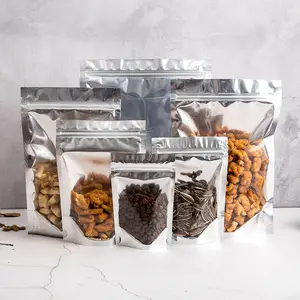 アルミホイル再封可能乾燥食品包装ジップロックDoypackスタンドアップポーチクリア透明シルバープラスチックフォイルバッグ