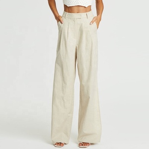 <span class=keywords><strong>Pantaloni</strong></span> donna vita alta rilassato FIT passanti cintura <span class=keywords><strong>spacchi</strong></span> <span class=keywords><strong>laterali</strong></span> funzionali tasche <span class=keywords><strong>laterali</strong></span> anteriori 55% lino 45% cotone <span class=keywords><strong>pantaloni</strong></span> svasati - Product Image 1