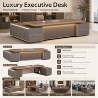 Bureau de direction haut de gamme taupe avec panneau cannelé et finition dorée, grande table de PDG pour président de société