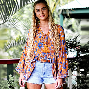 Boho Floral Print 100% Cotton Loose <b>Top</b> Off-the-Shoulder Neck <b>Bubble</b> Sleeves Straight Hem Tassel Detail Summer Holiday - Product Image 1
