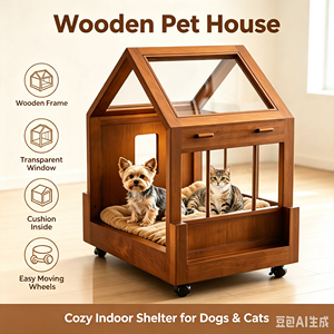 House Shaped Wooden Pet Crate Furniture Wheeled Indoor Cat <b>Dog</b> Bed with Clear View Roof Decorative Pet Kennel for Living Room - Product Image 1