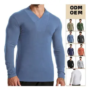 Custom T Shirt Gym Men Clothing Outdoor Basketball Long Sleeve T-Shirt V-Neck Casual Fitness Shirts