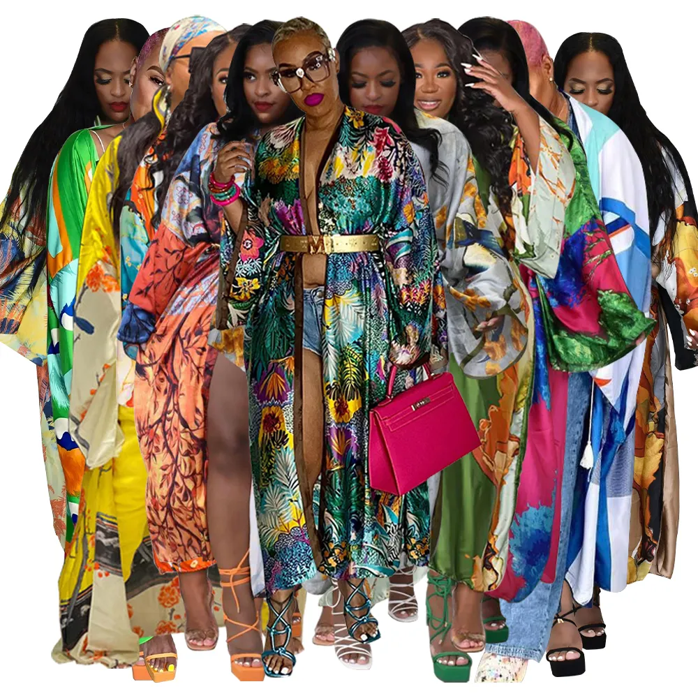 2023 recém-chegados áfrica impresso seda cetim vestes queda moda feminina manga longa cardigan kimono roupas tamanho livre