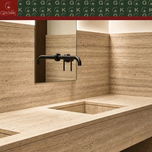 GOLDKING <span class=keywords><strong>Lavabo</strong></span> Doble de Grado Comercial, Moderno, Montado en la Pared, con Encimera de Travertino, Vetas Beige Cálido, Poros Naturales, Tamaño Personalizado OEM - Product Image 3
