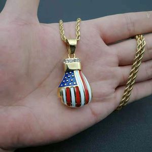 Hip Hop <b>Boxing</b> <b>Glove</b> <b>Pendant</b> Necklace American Flag Design Gold Plated Stainless Steel Chain Gift Jewelry - Product Image 5