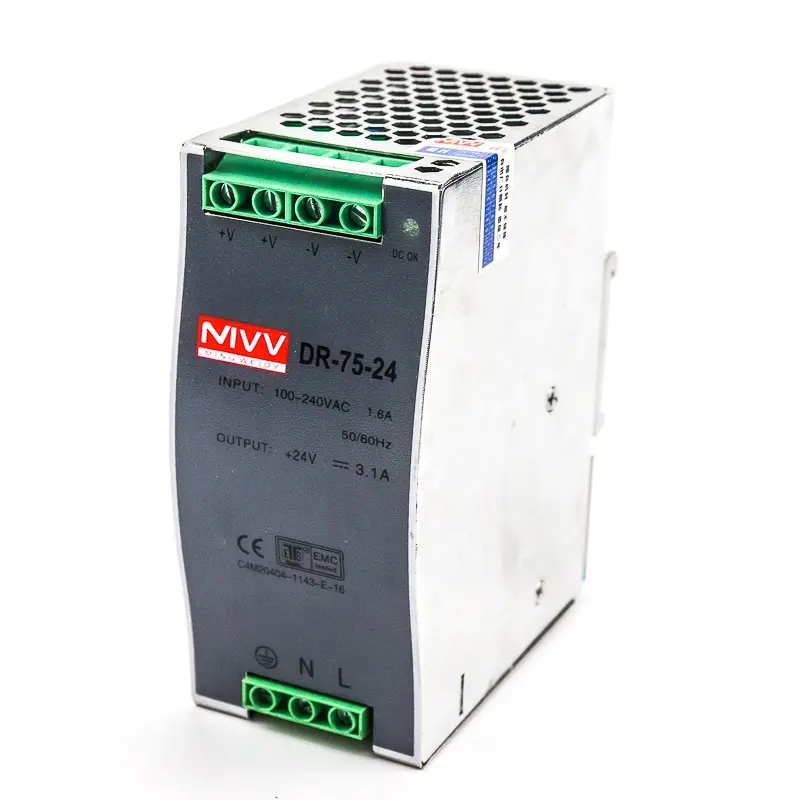 Meanwell-fuente de alimentación de 24v, interruptor Din Rail DR-75, Control Industrial 3.2A 220VAC 51-100W, 10C ~ + 60C para fuente de alimentación