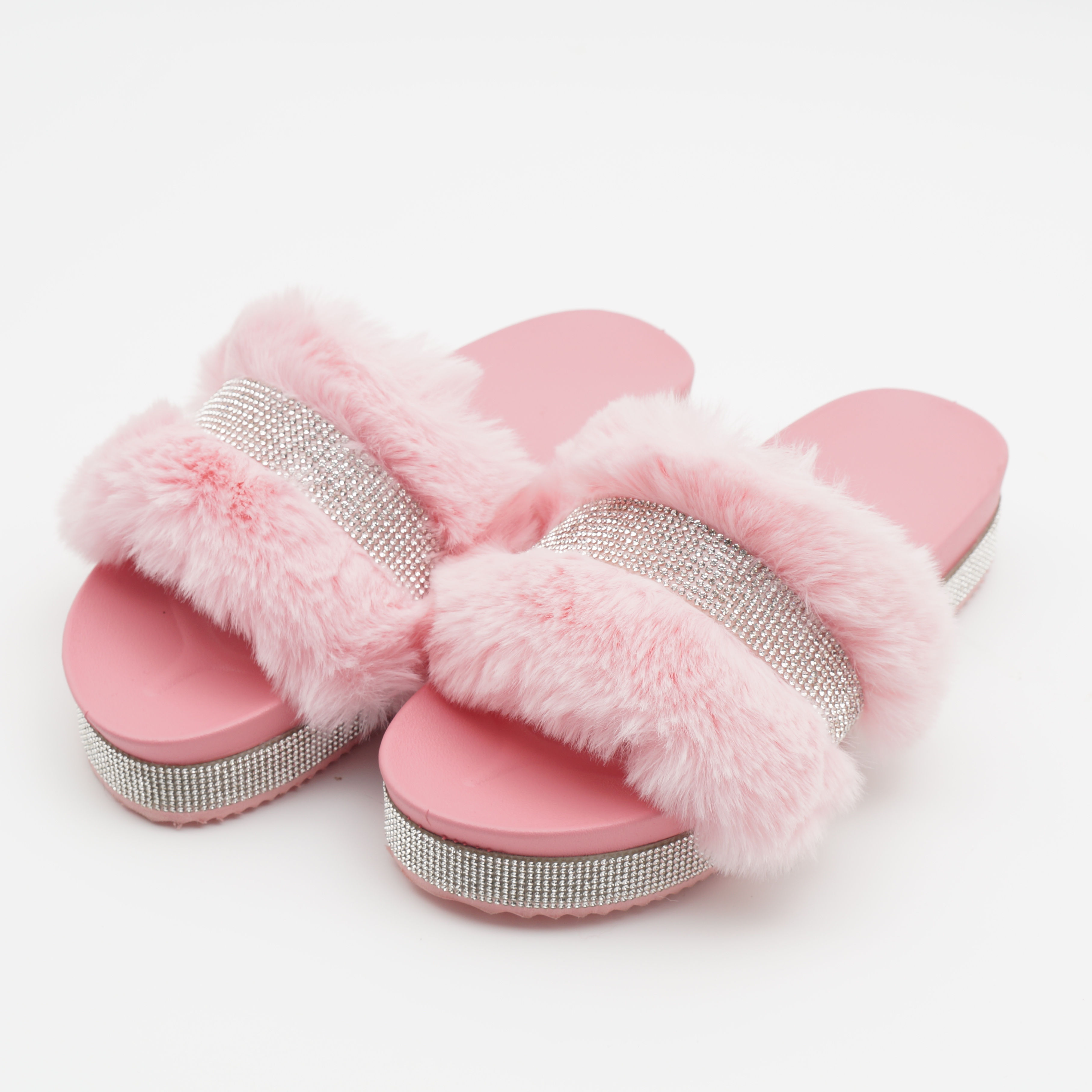 Luxury Designer Women Fur Rhinestone Slippers Platform Wedges Heel Solid  Fluffy Furry Slides Outside Sexy Shoes Ladies Whosale