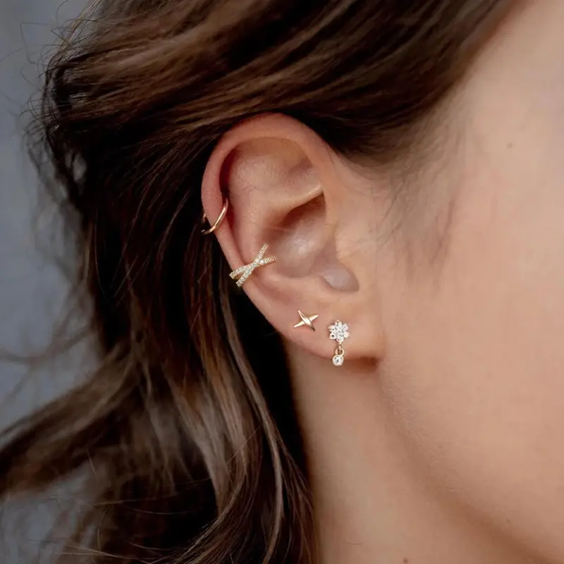 2022 INS 925 Sterling Silver shiny cz diamond cross ear cuff earrings jewelry