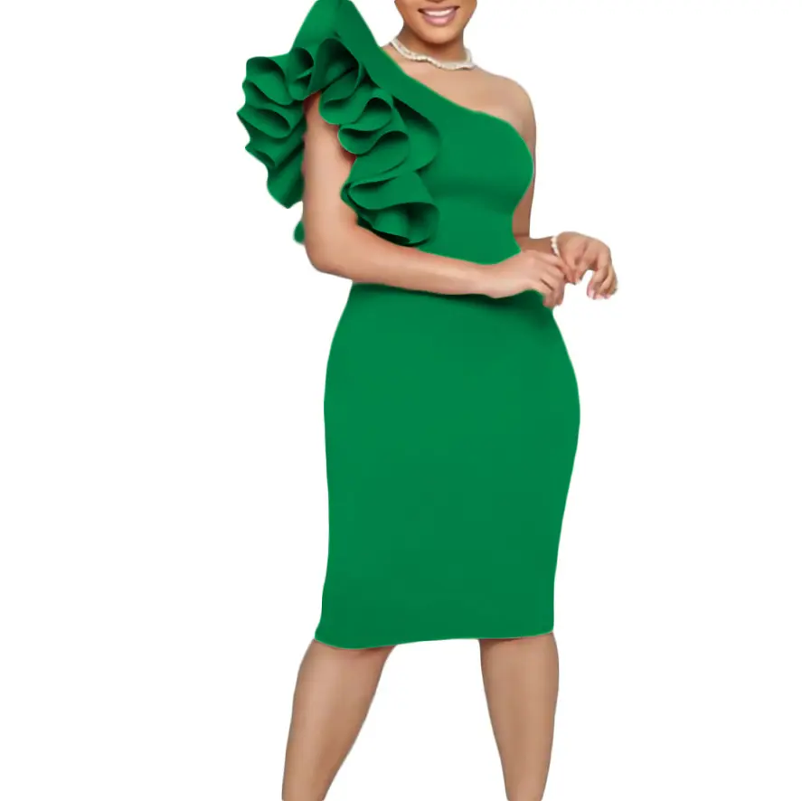 Women Party Dress Ruffles Oblique Shoulder Banquet Dress Solid Color Evening Dress Plus Size