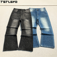 Jean vintage personnalisé, 100% coton écologique, taille haute, automne/hiver, denim uni, entièrement orné de strass, coupe droite ample et épaisse