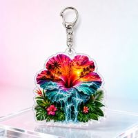 Porte-clés personnalisé en acrylique Hibiscus tropical Coucher de soleil Océan Cadeau Breloque de sac personnalisée Île Accessoire de plage transparent Vente en gros
