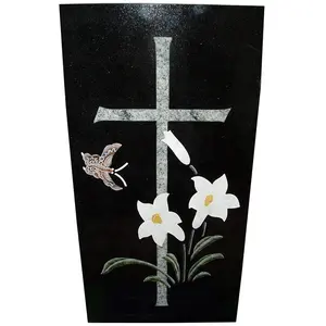 Custom Carved Lily Cross Design Headstones And Monuments Natural Black Galaxy Granite Tombstones And Monuments