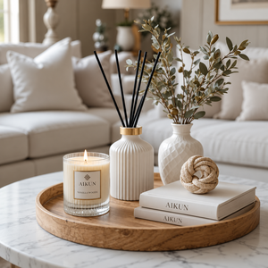 Aikun Ribbed Glass Vanilla Scented <b>Candle</b> And White Ceramic Reed Diffuser <b>Set</b> Custom Label OEM ODM Bulk Order for Living Room - Product Image 1