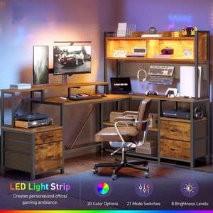 Large Gaming <strong>Desk</strong> Corner Storage Shelves Monitor Stand Home Office <strong>Rustic</strong> Brown L Shaped Computer <strong>Desk</strong> with Drawers - Product Image 2