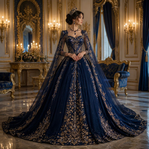 Vestido de Novia Azul Marino de Gasa con Escote Corazón, Manga Larga, Cola Catedral, Estilo Vintage, Espalda de Encaje y Pedrería, Largo hasta el Suelo - Product Image 1
