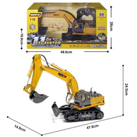 Excavatrice télécommandée sans fil 2,4 GHz à l'échelle 1:16, 11 canaux, en métal moulé sous pression, avec effets sonores et lumineux réalistes Hina 1531