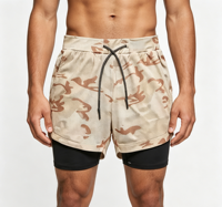 Shorts de sport pour hommes, logo personnalisé, 100% polyester, 120GSM, tricoté, léger, séchage rapide, camouflage long, 2 en 1, pour la course à pied et la salle de sport