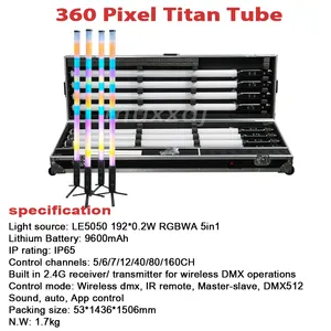 Muxxdj Étanche DJ Titan IP65 Batterie LED sans fil PIXEL Light RGBWA Wireless 360 Tube Lights withDMX & IR Remote & App control