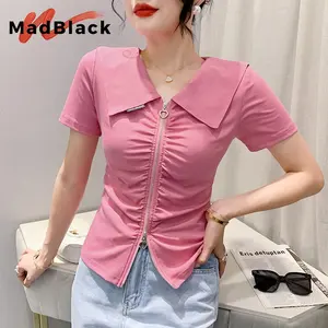 MadBlack夏ヨーロッパ服Tシャツ女性シャーリングピーターパンカラージッパースリムトップス半袖弾性ベーシックTシャツT35515C