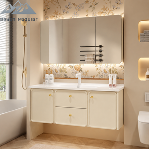 Meuble-lavabo mural élégant crème avec <span class=keywords><strong>miroir</strong></span> arrondi, vasque en céramique profonde et rangement - Product Image 1