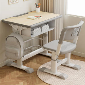 ชุดโต๊ะและเก้าอี้เรียนสำหรับเด็กแบบปรับได้ - โต๊ะเขียนหนังสือสไตล์มินิมอลสำหรับนักเรียนประถม ใช้ในบ้าน - Product Image 1