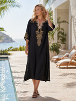 Robe Kaftan Midi Femme Noire Dorée à Broderie Florale Col en V Fendue sur le Côté Ample Cache-maillot de Plage Modeste Caftan de Resort