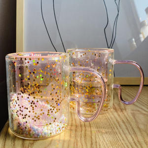 Tasse à double paroi en verre rose résistante à la chaleur avec soucoupe à effet sable mouvant pour boissons et jus, tasses à thé et soucoupes - Product Image 5