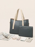 Set Tas Tote Wanita 2-in-1 Kulit PU Gelap dengan Tali Kontras Beige dan Kantong Resleting Senada Motif Lichee