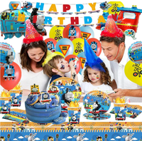 Ensemble de vaisselle et fournitures pour fête d'anniversaire Thomas le train : Assiettes, gobelets, serviettes, nappe, pailles, décorations de gâteaux, toppers pour cupcakes, bannières, ballons
