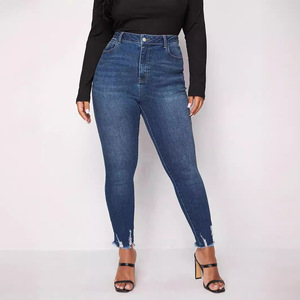Pantalones vaqueros ajustados azules de talla grande para <span class=keywords><strong>mujer</strong></span>, mallas de lápiz elásticas de cintura alta, estilo Mom Fit, mezclilla ajustada con dobladillo deshilachado para invierno - Product Image 1