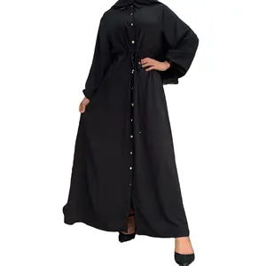 Comfortable Nida Material Buttons Long Dress Stander Neck Hidden Small Belt Abaya Muslim Islamic Casual Clothes