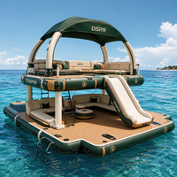 Île flottante gonflable haut de gamme pour lac avec comptoir de bar, canapé lounge et auvent d'ombrage pour les loisirs en famille, la plage et les centres de villégiature