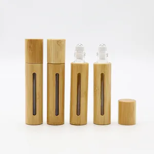 Botella de rodillo de aceite esencial de bambú, caja de bambú opcional rellenable, cosmética, 15ml, 10ml, 5ml