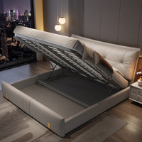 Lit double de 2 mètres de style italien, luxe léger, en cuir véritable, avec rangement, cadre en bois massif - Nouveau lit élégant haut de gamme