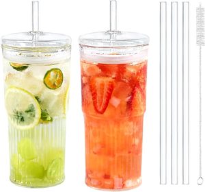 Alta borosilicato verticale a strisce di vetro trasparente tazza per bere con disegno e coperchio di vetro - Product Image 6