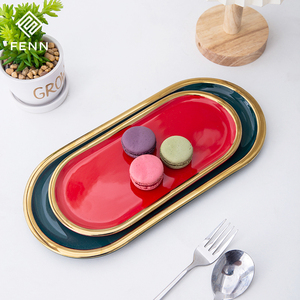 Luxe Golden Edge Ovale Ceram Sushi Dessert <span class=keywords><strong>Assiette</strong></span> Restaurant Coloré Rouge Vert Noël Dîner Plats De Service Ensemble De Plateau En Marbre - Product Image 2