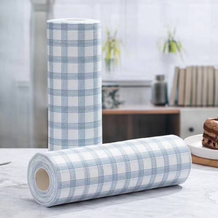 Chiffon de nettoyage épais à carreaux bleus en rouleau