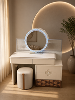 Ensemble coiffeuse avec panneau MDF haute brillance, miroir LED rond, meuble de rangement et tabouret