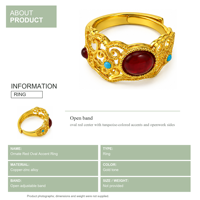 Bague de cocktail vintage plaquée or avec incrustation ovale de rubis et de turquoise pour femme, cadeau de mariage, bijoux