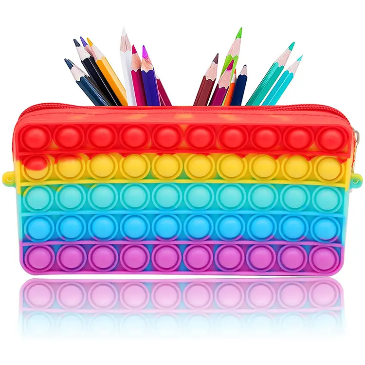 Caja de lápices de silicona para niños, juguete de descompresión portátil de gran capacidad, sencillo, sensorial, estrés, arcoíris Pop, burbuja escolar