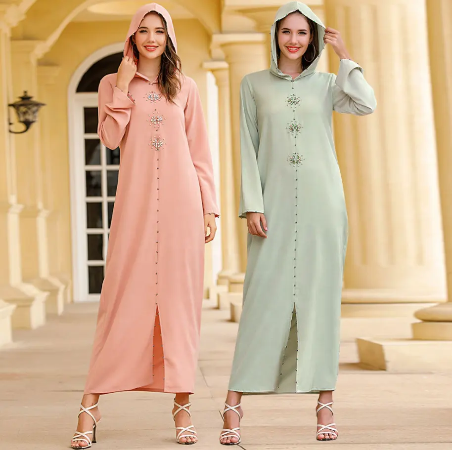 Luxury Crystal Hooded Beaded Abaya Modest Women Islamic Clothing Robe Arabe Abaya Dubai Dress for Women
