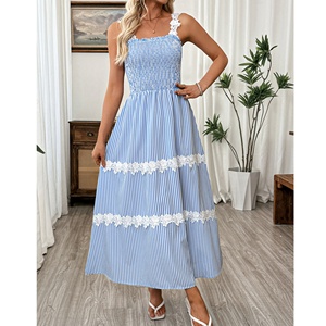 Vestido midi de verano para mujer con tirantes finos, rayas verticales, encaje, busto fruncido, insertos de encaje blanco escalonados y corte fluido en A. - Product Image 2