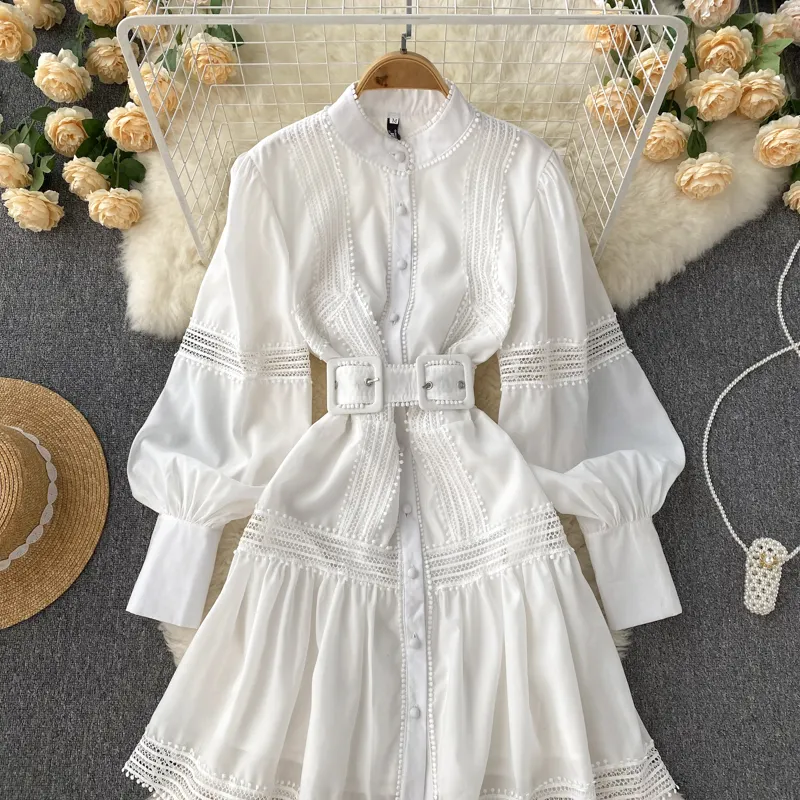 Elegant Solid Color Lace Trims Long Sleeve Dress Button Decor Waist Belt A-Line Short Women's Casual Dress